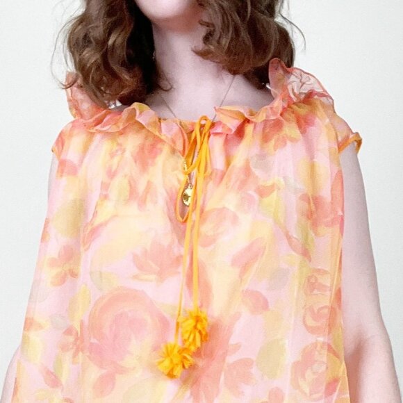 Vintage Mod Handmade Slip Mini Shift Dress Sheer Mesh Floral Ruffle 60's 70's - Picture 3 of 6